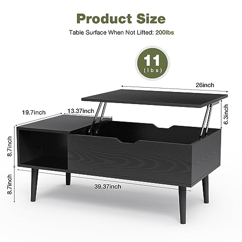 OLIXIS Lift Top Coffee Table, Wood Coffee Table for Living Room Home Black | Wood,Lift Top, Hidden Compartment, Storage Shelf, Center Table, Home, Living Room, Office - color: Black, size: 39.4 inches x 19.7 inches x 17 inches