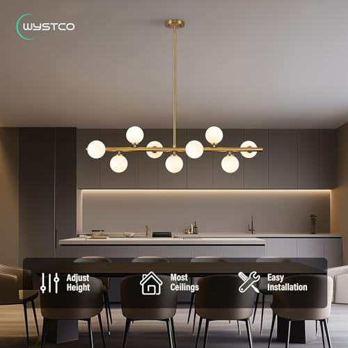 Mid Century Modern Globe Sputnik Chandelier, 9-Light Linear Chandeliers for Dining Room and Kitchen Island, Dining Light Fixture Over Table, Brass Gold and Milk White Glass Bubble, 40 Inch - color: Gold Milk White, size: 9-Light 40 Inch