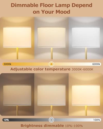 Dimmable Floor Lamp for Living Room with Remote, 9W 900LM LED Bulb Included, White Shade Gold Pole - color: gold & white