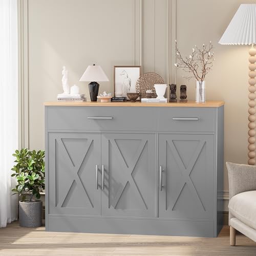 Shintenchi Modern Farmhouse Sideboard Buffet Cabinet with Storage with 3 Doors,42" Barn Doors Buffet Cabinet with Storage,Wood Coffee Bar Cabinets with Adjustable Shelf for Kitchen,Living Room,Grey - color: Grey