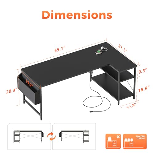 55 inch L Shaped Gaming Desk, Large Corner Desk with Shelves | Reversible Computer Desk with Power Outlets & Storage Bag, Office Table for Home Bedroom Study Work Writing - color: Black, size: 54 inch