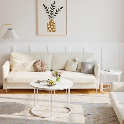 Nesting Coffee Table, 23.6" Round Coffee Table Set of 2, Wooden Nesting Table with Metal Frame, Ceter Tables for Living Room Bedroom Balcony, White - color: White