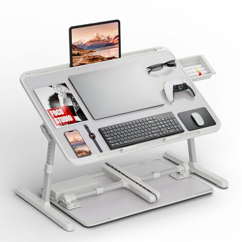 Potuopy Adjustable Laptop Lap Desk, Foldable Bed Table Tray Fit 17" Laptops | Portable Lap Desks for Adults with 8 Heights & Tilt & Storage, Computer Laptop Stand for Painting & Writing on Couch Recliner - color: Gray