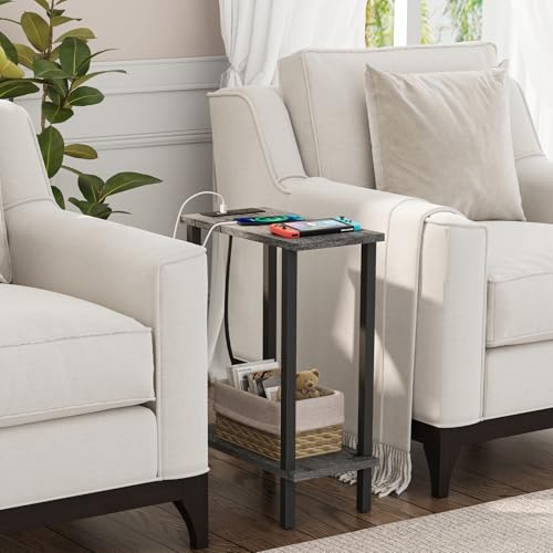 TUTOTAK Narrow Side Table, 2-Tier Small End Table with Charging Station | Skinny Sofa Table, Slim Nightstand, Easy Assembly for Living Room, Bedroom, Grey TB01BY060 - color: Charcoal Grey, size: 2-tier