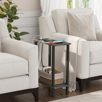 TUTOTAK Narrow Side Table, 2-Tier Small End Table with Charging Station | Skinny Sofa Table, Slim Nightstand, Easy Assembly for Living Room, Bedroom, Grey TB01BY060 - color: Charcoal Grey, size: 2-tier