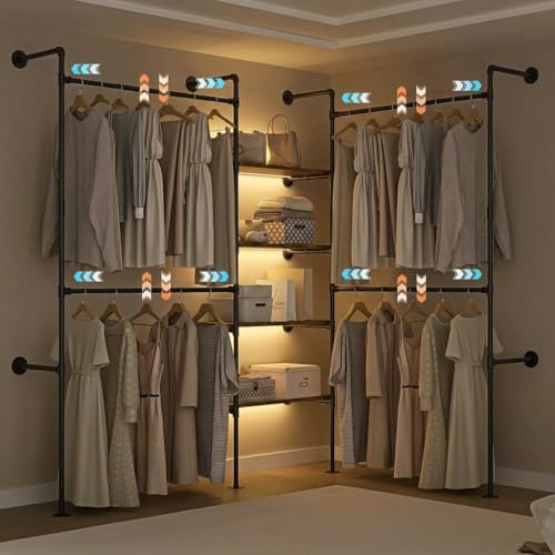 Expandable Industrial Pipe Clothing Rack with LED & Shelves | Heavy Duty Garment Rack with 4 Shelves & 4 Rods, Wall Mounted Closet Organizer for Bedroom, Laundry Room, Fits 72.8"- 110.6"