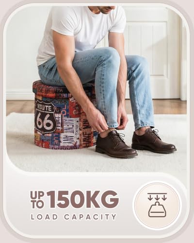 B FSOBEIIALEO Folding Storage Ottoman Round, Faux Leather Foot Rest Seat, Storage Organizer Chest 15" (Route 66 Barrel) - size: 15"D x 15"W x 13.2"H