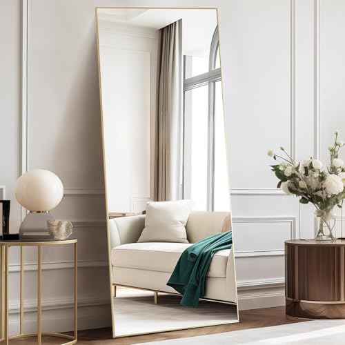 DUMOS 64"x21" Full Length Mirror, Full Body Mirror, Gold | Aluminum Alloy Thin Frame, Leaning or Hanging, Suitable for Bedroom, Livingroom, Cloakroom - color: Gold-rect, size: 64.1"L x 21.1"W