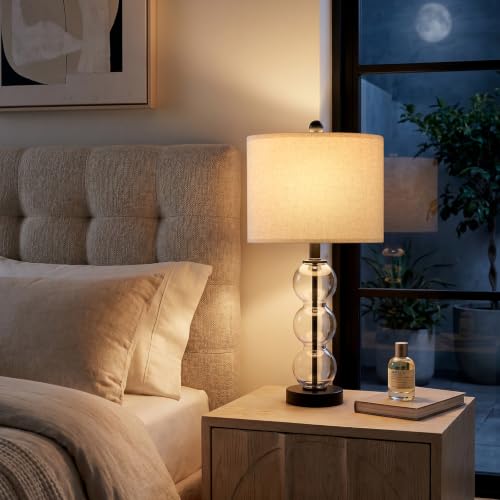 25" Glass Table Lamps Set of 2, Black Modern Table Lamps with USB Ports for Living Room, Linen Shade Bedside Lamps for Bedroom, Nightstand, Side Table (Bulbs not Included) - color: Black