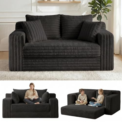 3-in-1 Convertible Sofa Bed: Boneless Loveseat Sleeper & Folding Couch Bed with 4 Pillows & Detachable Cushion,Furry Futon Couch for Bedroom,Apartment,Office and Living Room, No Assembly,Black - color: D-black, size: Loveseat Sofa