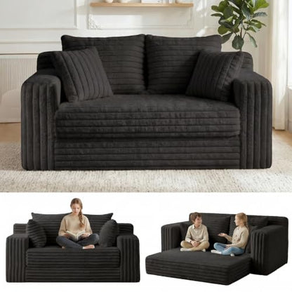 3-in-1 Convertible Sofa Bed: Boneless Loveseat Sleeper & Folding Couch Bed with 4 Pillows & Detachable Cushion,Furry Futon Couch for Bedroom,Apartment,Office and Living Room, No Assembly,Black - color: D-black, size: Loveseat Sofa