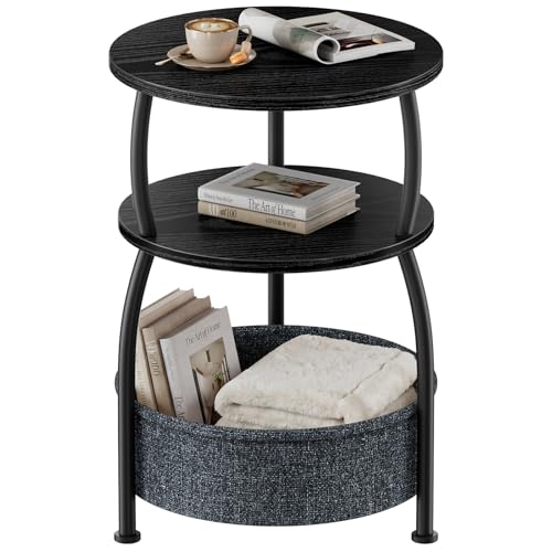 Round Side Table with Storage Basket, End Table Living Room, Black | Round End Table Small Spaces, Bedside Table for Bedroom, 3 Tiers, Sofa Couch Side Table, Industrial 15.75 x 24in - color: Classic Black, size: 15.75" Dia