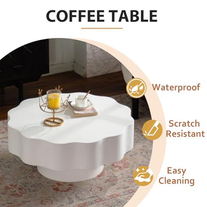 Modern White Scalloped Coffee Table 31.5" Round Wood Center Table Wave-Shape Coffee Tea Tables with Pedestal Base for Living Room Apartment Small Space (White) - color: White