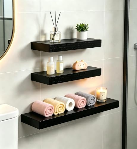 Vervida® Black Floating Wall Shelves Mixed 15+24in Set of 3 Combo Hidden | 3 Black Floating Shelves Mixed 2 x 15In & 1 x 24 Inches for Bedroom, Bathroom Kitchen, Invisible Brackets Easy Install - color: Black, size: Multi-Size Set