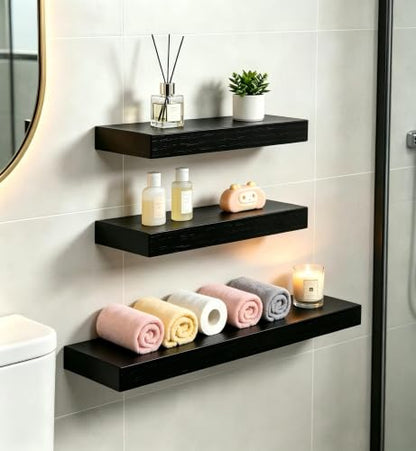Vervida® Black Floating Wall Shelves Mixed 15+24in Set of 3 Combo Hidden | 3 Black Floating Shelves Mixed 2 x 15In & 1 x 24 Inches for Bedroom, Bathroom Kitchen, Invisible Brackets Easy Install - color: Black, size: Multi-Size Set