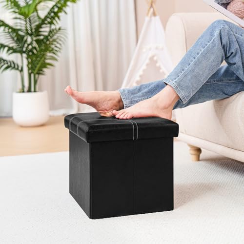 B FSOBEIIALEO Folding Storage Ottoman Cube, Faux Leather Footrest Seat Coffee Table, Black 16.5"x12.6"x12.6" - color: Black 16.5"x12.6"x12.6"