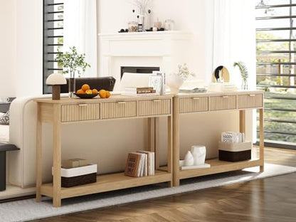 RUSTOWN Fluted Wood Console Table with 3 Drawers, 47.2" Boho Entryway Table | Narrow Behind Couch Sofa Table, Open Storage Shelf, Curved legs, 2 Tier Modern Farmhouse Hallway Table for Living Room, Foyer - color: Natural Wood
