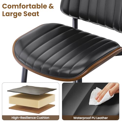 YaFiti Mid Century Dining Chairs with Walnut Bentwood, Set of 2, Black | Ergonomic Walnut Backrest, Upholstered Waterproof PU Leather Seat, Stable Metal Legs, Adjustable Footpads, Apartment Friendly - color: Black Pinstripe