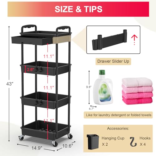Goovilla 4 Tier Rolling Utility Cart Organizer with Removable Drawer, Black | Stable and Sturdy Rolling Storage Carts with 2 Lockable Wheels for Bathroom, Kitchen, Snack, Craft, Makeup, Baby Essentials - size: 4 Tier, style: Black
