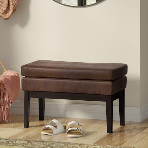 SIMPLIHOME Carlson Small Ottoman Bench - 27 inch Wide Upholstered Woven Fabric Rectangle Ottoman in Distressed Chestnut Brown, Mid Century Modern Bench for Bedroom or Living Room with Padded Seat - color: Distressed Chestnut Brown, style: Small Ottoman Be
