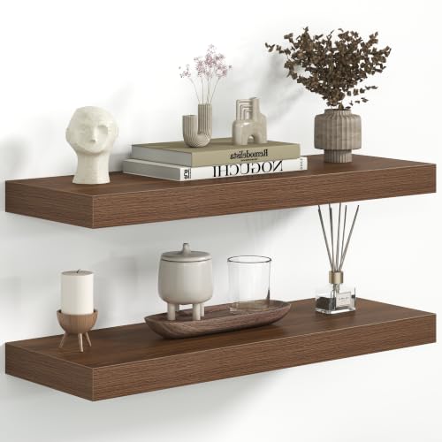 Fun Memories 24 Inch Floating Shelves - Deep Rustic Wooden Wall Shelves - Extra Deeper & Thicker Wall Mounted Storage Shelf for Bedroom, Kitchen, Farmhouse - 2 Pack, Walnut - color: E. Walnut, size: 24 x 8 Inch