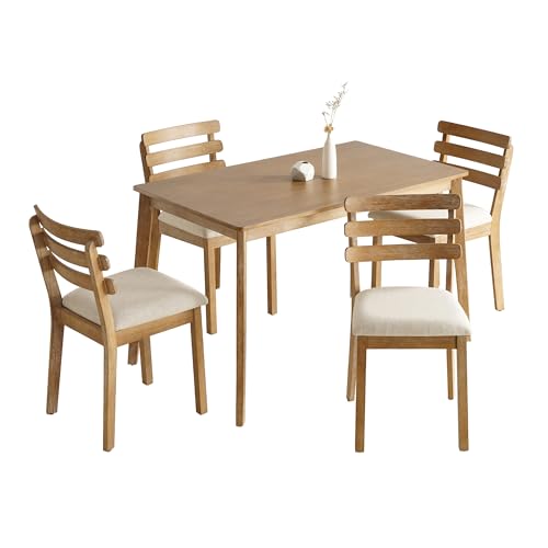 Farmhouse Dining Table Set for 4, Wooden Kitchen Table & Solid Wood Chairs | 4 Upholstered Chairs, Modern Rectangular Dining Room Table and Chairs for Kitchen, Small Spaces, Rubberwood Legs, 5-Piece - size: 1 Table With 4 Chairs