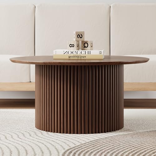 31.5" Round Coffee Table, Modern Fluted Accent Center Table with Metal Frame, Wooden Circle Coffee Tables for Living Room Small Space or Office (Walnut) - color: Walnut 31.5" Round
