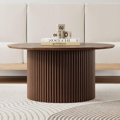 31.5" Round Coffee Table, Modern Fluted Accent Center Table with Metal Frame, Wooden Circle Coffee Tables for Living Room Small Space or Office (Walnut) - color: Walnut 31.5" Round