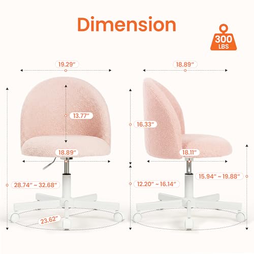 NEO Chair Office Vanity Chair with Wheels Comfy Desk Chair for Girls Cute Computer Small Armless Adjustable Height Swivel for Home Bedroom Task (Teddy Pink) | Soft Fleece Fabric with Supportive Curved Back, 360° Swivel, Cozy Comfort for Makeup, Computer,