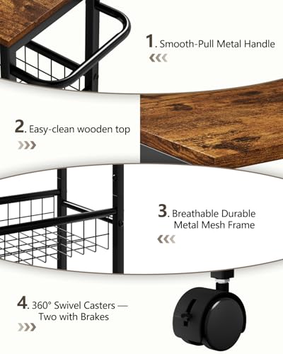 Rolling Utility Cart, 4-Tier Slim Narrow Storage Cart with Wheels for Kitchen, Laundry Room Organization, Metal Bathroom Organizer with Wood Top, Brown, 17.3" x 7.9" x 32.6"