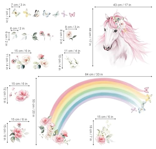 wondever Large Rainbow Wall Decals Horse Flower Peel and Stick Wall Art Stickers for Girls Bedroom Kids Room Baby Nursery - color: Horse