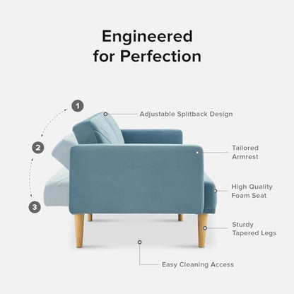 mopio 76.4" Futon Sofa Bed Chevron Styled, Sleeper Couch (Sky Blue Velvet) | Two-in-one seat and crash pad with plush cushioning; tapered legs add retro charm to tight rooms. - color: Sky Blue Premium Velvet