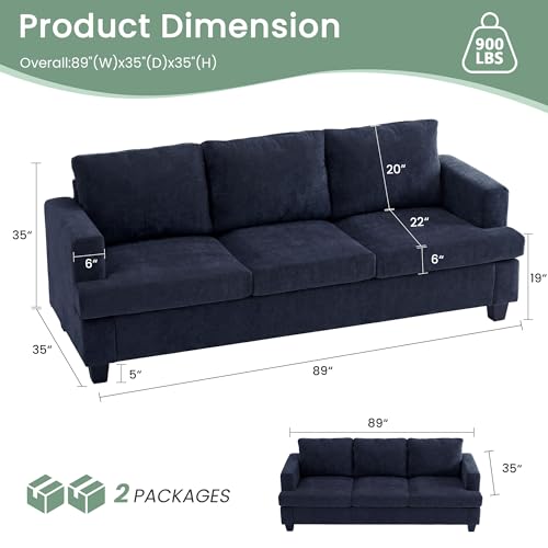 YOUDENOVA Sofa, 3 Piece Set Comfy Sofa, Loveseat & 2 3-Seater Couch with Deep Seats for Living Room, Modern Sleeper Couch, Navy Chenille - color: Blue Chenille, size: 3-Seater*2+Loveseat