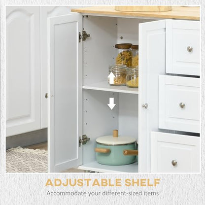 HOMCOM Drop Leaf Kitchen Island on Wheels, Rolling Kitchen Cart with Cabinet, 3 Drawers, Wooden Top, Towel Rack and Spice Rack, White