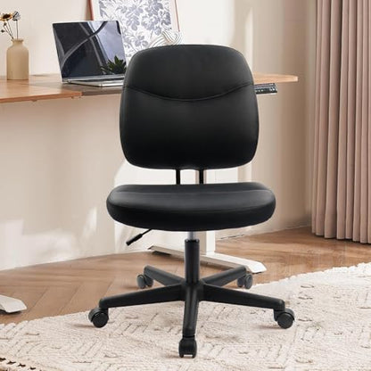 CLATINA Armless Home Office Chair,Small PU Leather Ergonomic Low Back Desk Chair with Lumbar Support and Wheels, Adjustable Height 360° Swivel Rolling Computer Task Chair, Black, 2 Pack - color: Black-heihu, size: 2 Pack