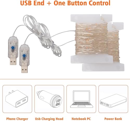 USB Fairy Lights, 2 Pack 33Ft 100 LED, Flexible Silver Wire Mini String Lights for Bedroom Wedding Christmas Decor, DIY Crafting, Warm White