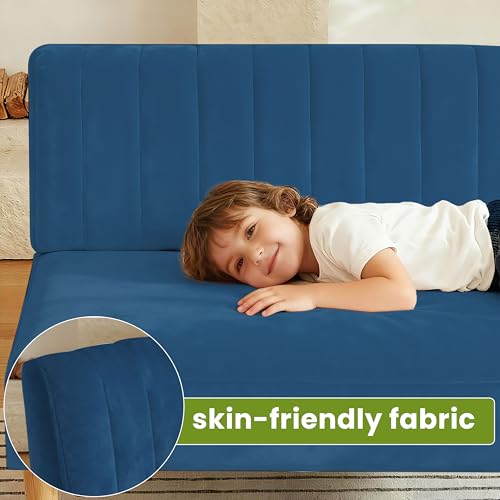 42" Velvet Armless Loveseat Settee, Mini Two-Seater Couch with Channel-Tufted Back, Solid Wood Legs, Compact Bench with Back for Small Apartment, Kitchen Nook & Entryway, Easy Assembly (Blue)
