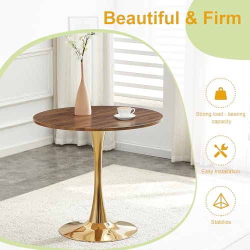 31.5" Round Dining Table, Mid-Century Modern Tulip Table with Thickened Tabletop & Metal Pedestal, Circle Bistro Table for Kitchen, Small Places, Apartments, Cafe - color: Walnut Gold, size: 31.5" dining table