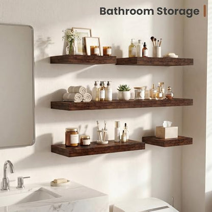 Vivelove Deep Floating Shelves 36x12” Set of 2, Rustic Brown | Easy Install With Hardware, 2" Thick, Invisible Brackets, Wall Mounted, No Sagging, For Any Room - color: Rustic Brown, size: 36”wx12”dx2”h