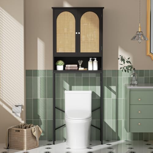 Rattan Toilet Storage Cabinet, Over The Rack Wood Cabinet with Metal Stand, Bathroom Organizer with Adjustable Shelf, Tall Freestanding Washer Shelf, Small Cupboard, Space Saver, Natural style, Black - color: Rattan Door-black
