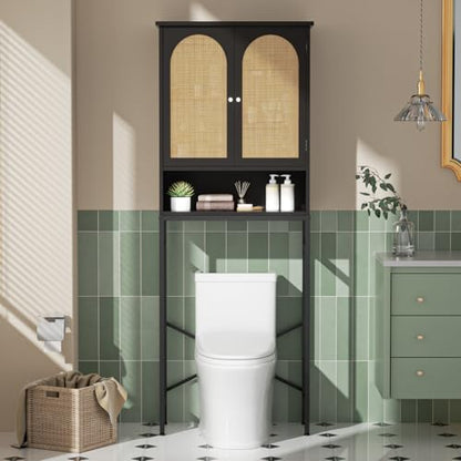 Rattan Toilet Storage Cabinet, Over The Rack Wood Cabinet with Metal Stand, Bathroom Organizer with Adjustable Shelf, Tall Freestanding Washer Shelf, Small Cupboard, Space Saver, Natural style, Black - color: Rattan Door-black