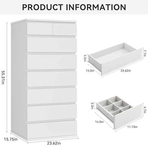 Jocoevol White Tall 8 Drawer Dresser for Bedroom,Dressers & Chests of Drawers with Jewelry Storage,Wood Storage Dresser with Deep Drawers for Living Room Hallway Entryway(55.3" L*23.6" W*15.7") - color: White