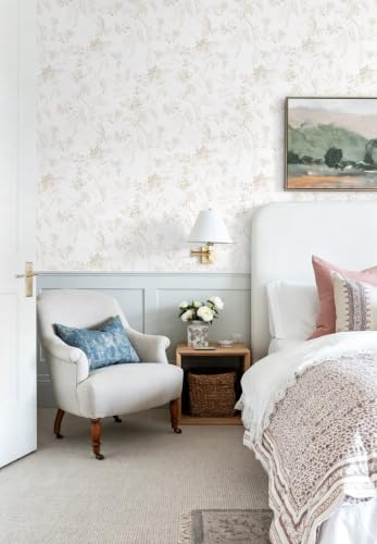 17.3''x393'' Vintage Peel and Stick Wallpaper Boho Beige Neutral Contact Paper White Floral Bird Wallpaper Removable Botanical Renter Friendly Modern Wall Paper Bedroom Bathroom Vinyl Roll - color: Beige Floral&Bird, size: 17.3" x 394"