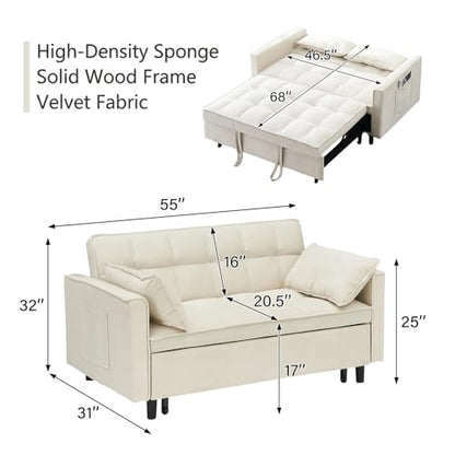 3 in 1 Convertible Sleeper Sofa Bed, Velvet Loveseat Futon Pull-Out Couch with Adjustable Reclining Backrest, Side Pockets and Pillows for Living Room, Bedroom, Apartment, Small Spaces (Beige-Velvet) - color: Beige-velvet