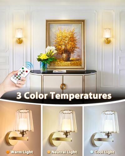 Adetu 10.4 Inch Crystal Wall Sconces Set of 2, Battery Operated Wall Sconce | 10000mAh Magnetic Bulbs and Remote, 5%-100% Dimmable, RGB Rechargeable Wall Lights for Bedroom Living Room Hallway Deco - color: Gold, size: 10.4 Inch