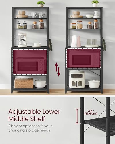VASAGLE Coffee Bar, 23.6 Inches 6-Tier Baker's Rack with 6 Hooks | Industrial Microwave Stand, 15.8 x 23.6 x 65.8 Inches, Charcoal Gray and Ink Black, BARNET Collection UKKS024B22 - color: Charcoal Gray + Ink Black, size: 23.6"W, style: No Power Outlet