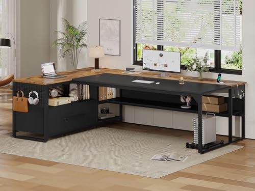 71" Executive Desk, L Shaped Office Desk with Widen File Drawers | Reversible Large Corner Computer Desk with Cabinet,Power Outlets,Storage Shelves,CPU Stand, Hooks,Business Furniture Brown - color: Brown, size: Widen Drawer