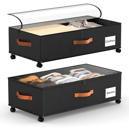 Eastherry Under Bed Storage Containers with Wheels, 9.5 inches Higher Underbed Shoes Blankets Clothes Toy Storage Drawers for College Dorms Bedrooms Nursery Rooms Organization, 2 Pack to be Assembled - color: Black