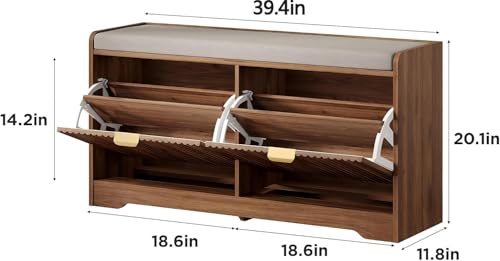Maupvit 39.4" Fluted Shoe Bench with Storage, Narrow Entryway Bench, Walnut | with Removable Seat Cushion & 2 Flip-Drawers, Shoe Cabinet Bench, Boho Hidden Shoe Rack for Entrance, Hallway, Living Room - color: Walnut