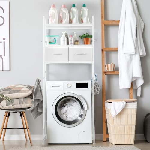 YBING Over The Toilet Storage Cabinet, Over Toilet Bathroom Organizer with Drawer, Roll Holder and Hooks, Bathroom Storage Cabinet, Wooden, White - color: Whtie